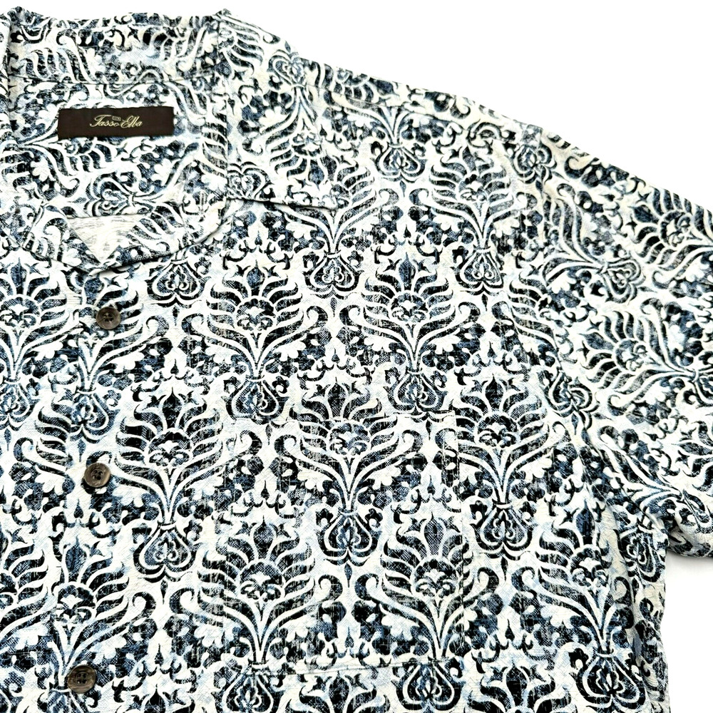 TASSO ELBA Men's Large 100% Silk Button Up Short Sleeve Shirt Blue Boho Island